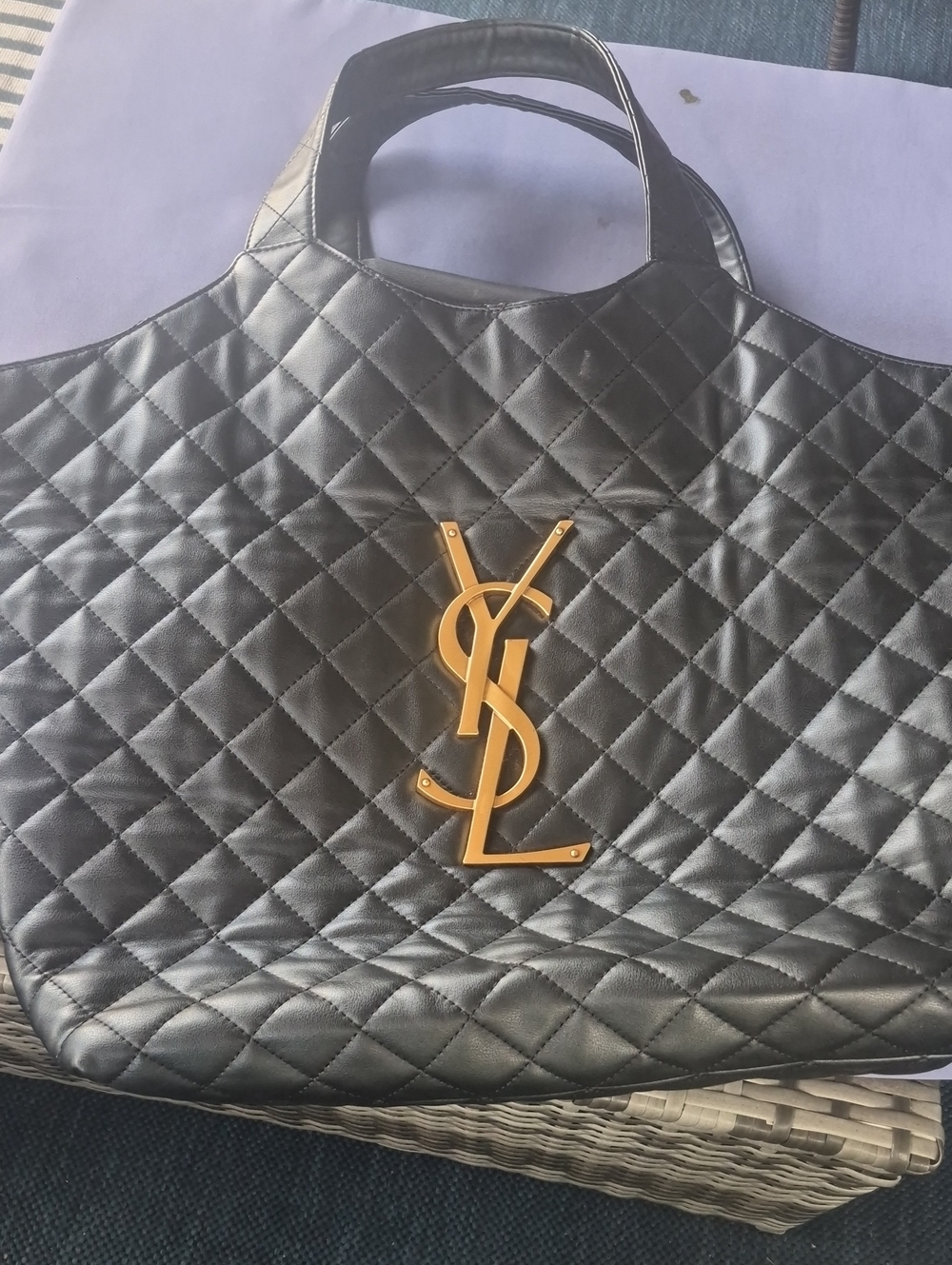 Saint Laurent Black Quilted Leather Tote with Gold YSL Emblem